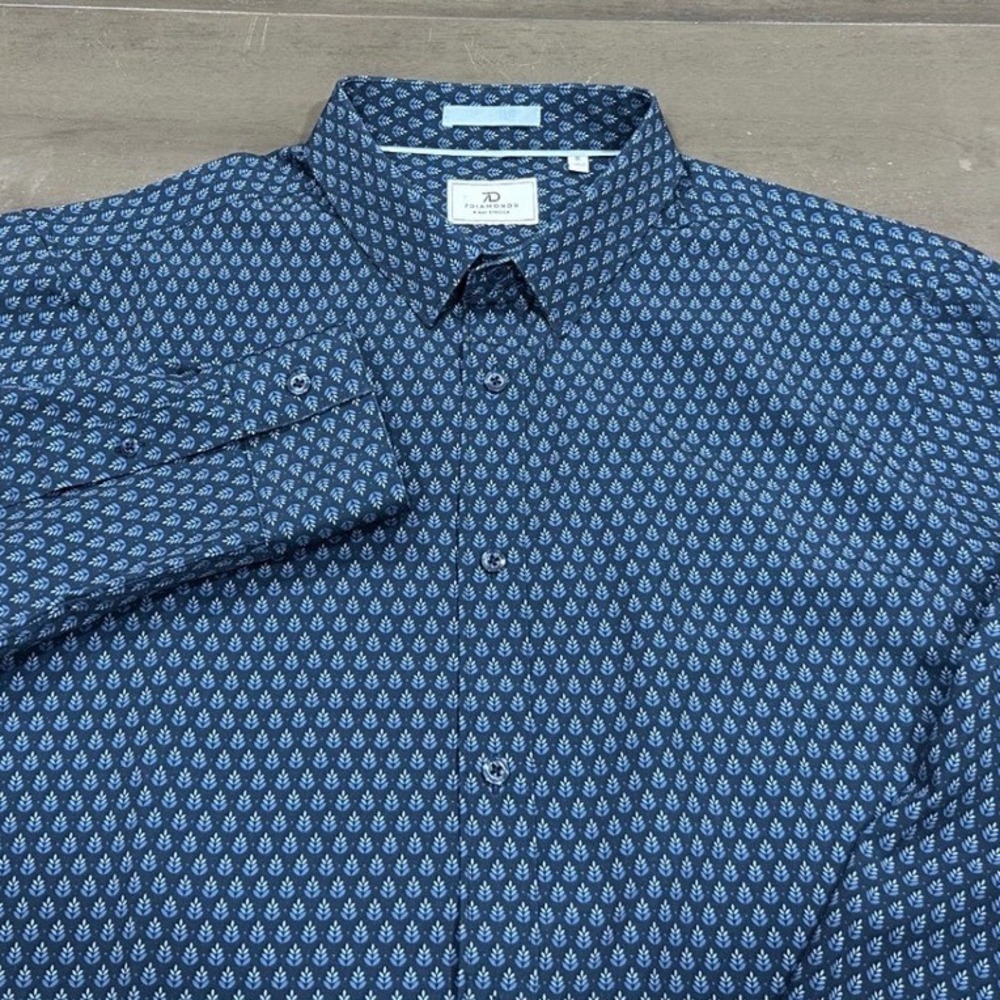 7 Diamonds‎ Mens XL 4 Way Stretch Long Sleeve Button Down Shirt Navy Blue Leaf